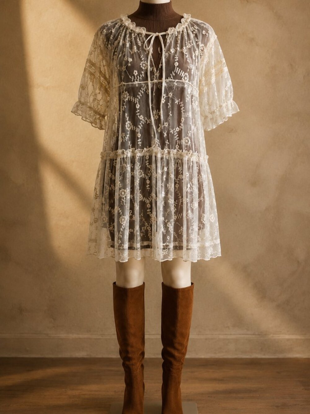 MELLODAY Cream Sheer Embroidered Lace Duster Dress Boho Coquette Fairycore Tunic